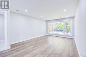 Brampton (Downtown Brampton) fourplex for rent - A room with wooden flooring and a large window showing trees outside.