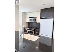 Coquitlam apartment for rent - A modern kitchen with a white fridge and black cabinets.