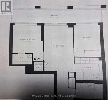 Toronto (Henry Farm) condo for rent - A floor plan for a property with a master bedroom, living/dining area, and kitchen.