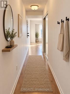 Toronto (Niagara) condo for rent - A hallway with a rug, a mirror, and a plant on a shelf.