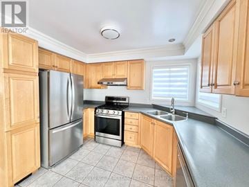 Vaughan (Vellore Village) apartment for rent - A kitchen with wooden cabinets and a stainless steel refrigerator.