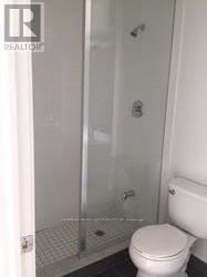 Toronto (Niagara) condo for rent - A white toilet in a small bathroom with a glass shower door.