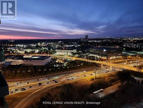 Toronto (Banbury-Don Mills) condo for rent - A cityscape at dusk with the words "ROYAL LEPAGE VISION REALTY, Brokerage" overlaid on the image.