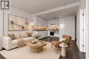 Vancouver apartment for rent - A modern living room with a large painting on the wall and a coffee table in the center.