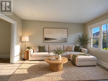 Oshawa (Vanier) apartment for rent - A living room with a large painting on the wall and a white couch.