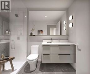 Coquitlam apartment for rent - A modern bathroom with a white toilet and a large mirror.