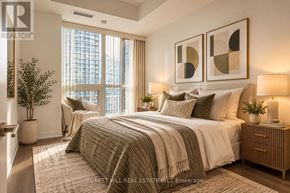 Toronto (Yonge-Eglinton) condo for rent - A well-lit bedroom with a large bed and a view of a city skyline.