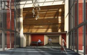 Toronto (Downsview-Roding-Cfb) condo for rent - A rendering of a modern interior space with a person sitting on a bench and another walking.