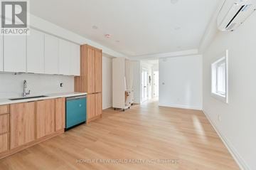 Toronto (Dovercourt-Wallace Emerson-Junction) townhouse for rent - A kitchen with wooden cabinets and a blue trash can.