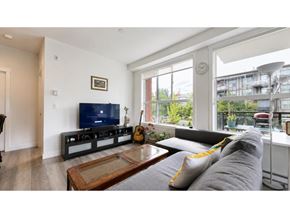 Langley apartment for rent - A living room with a grey couch and a wooden coffee table.
