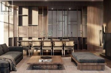 Toronto (Church-Yonge Corridor) condo for rent - A modern living room with a dark sofa and wooden furniture.