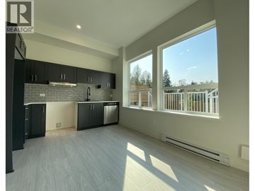 Maple Ridge apartment for rent - A spacious kitchen with black cabinets and a brick backsplash.