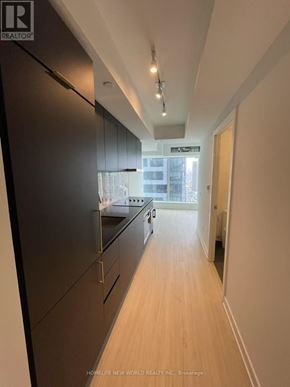 Toronto (Bay Street Corridor) condo for rent - A modern kitchen with dark brown cabinets and a wooden floor.