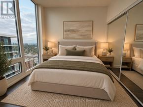Toronto (Humber Heights) condo for rent - A bedroom with a large bed and a view of the city.