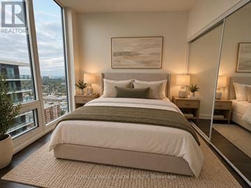 Toronto (Humber Heights) condo for rent - A bedroom with a large bed and a view of the city.