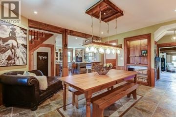 Hamilton apartment for rent - A living room with a wooden table and bench, a couch, and a painting of a horse on the wall.