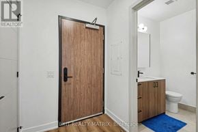 Ottawa apartment for rent - A bathroom with a wooden door and a blue rug on the floor.