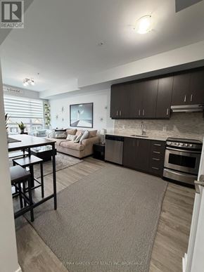 Grimsby (Grimsby Beach) condo for rent - A modern kitchen with dark brown cabinets and a grey rug on the floor.
