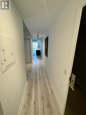 Toronto (Moss Park) condo for rent - A long hallway with wood floors and white walls.
