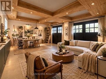Toronto (Casa Loma) multi-family for rent - A spacious living room with a wooden ceiling and a large sectional sofa.
