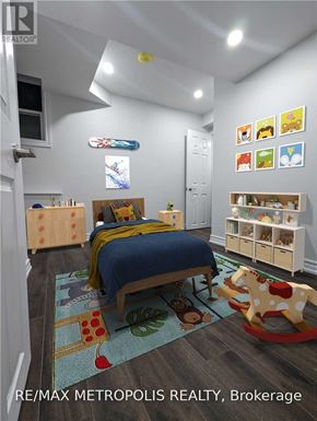 Whitby (Rolling Acres) apartment for rent - A bedroom with a bed, a rocking horse, and a rug with a pattern of fruit and vegetables.