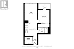 Toronto (Niagara) condo for rent - A black and white image of a floor plan for a home with a balcony, bedroom, kitchen/dining area, bathroom, and laundry/pantry.