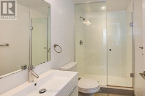 Toronto (Kensington-Chinatown) condo for rent - A white bathroom with a sink, toilet and shower.