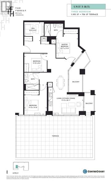 Toronto (Humewood-Cedarvale) condo for rent - A floor plan for Unit 3-H10 at The Forest Hill, showing a three bedroom layout with a living area, two bathrooms, a balcony, and a terrace.