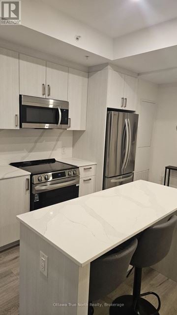 Ottawa multi-family for rent - A modern kitchen with stainless steel appliances and white cabinetry.