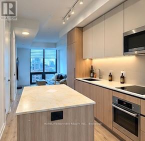 Toronto (Waterfront Communities) condo for rent - A kitchen with wooden cabinets and a marble countertop.