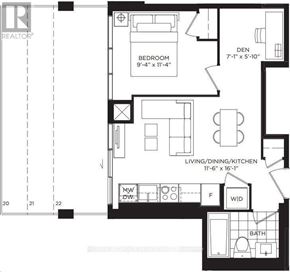 Toronto (Church-Yonge Corridor) condo for rent - A black and white floor plan of a house with a den, living/dining/kitchen area, and bathroom.