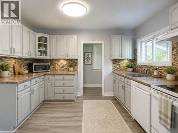 Niagara Falls apartment for rent - A kitchen with white cabinets and a stone backsplash.