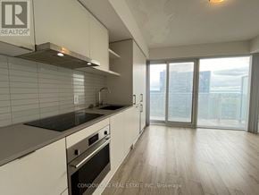 Toronto (Waterfront Communities) condo for rent - A kitchen with white cabinets and a black countertop.