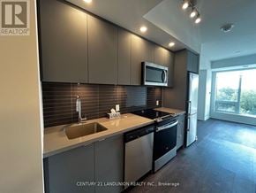 Richmond Hill (South Richvale) condo for rent - A kitchen with a sink, stove, and microwave.