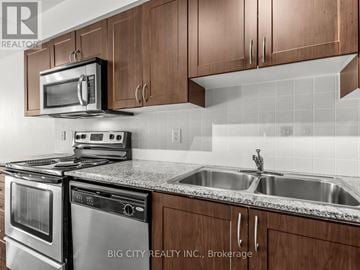 Toronto (York University Heights) condo for rent - A kitchen with a stove, oven, microwave, dishwasher and sink.