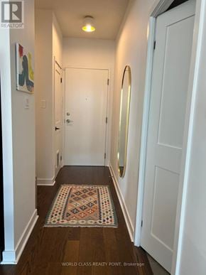 Toronto (Little Portugal) condo for rent - A hallway with a rug on the floor and a door on the right.