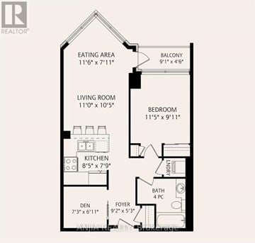 Toronto (Willowdale East) condo for rent - A floor plan for a home with a den, living room, kitchen, dining area, and two bathrooms.