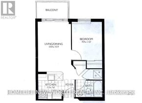 Toronto (Lansing-Westgate) condo for rent - A floor plan for a home with a balcony, living/dining area, kitchen, foyer, and bathroom.