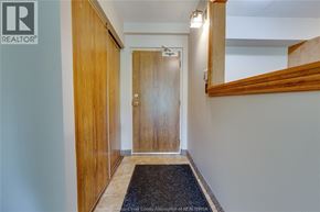 Windsor condo for rent - A hallway with a wooden door and a mirror on the wall.