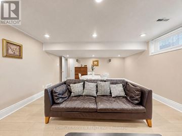 Toronto (Westminster-Branson) apartment for rent - A living room with a brown couch and a painting on the wall.