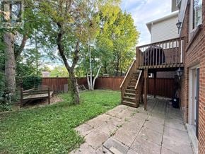 Markham (German Mills) apartment for rent - A backyard with a wooden deck and a tree.