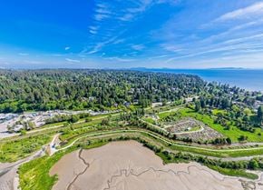 Surrey apartment for rent - An aerial view of a beachfront with a large body of water, a sandy beach, and a forested area.