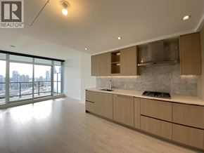 Burnaby apartment for rent - A modern kitchen with wooden cabinets and a marble backsplash.