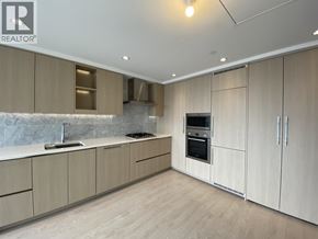 Burnaby apartment for rent - A modern kitchen with wooden cabinets and a marble backsplash.