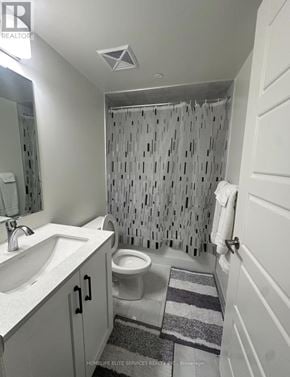 Oakville (Jm Joshua Meadows) condo for rent - A bathroom with a toilet, sink, and shower curtain.