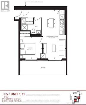 Vaughan (Vaughan Corporate Centre) condo for rent - A floor plan of a TC5 / UNIT 1, 11 apartment with a total interior area of 512 S.F. and an exterior area of 102 S.F.