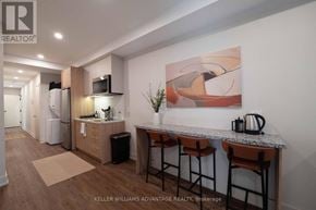Toronto (Kensington-Chinatown) apartment for rent - A modern kitchen with a bar area and a painting on the wall.
