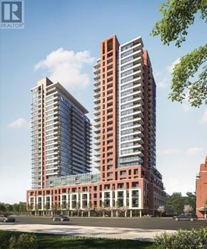 Toronto (Humber Heights) condo for rent - A rendering of a modern apartment building with a glass facade and a brick base.