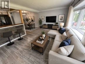 St. Catharines (Lakeport) apartment for rent - A living room with a grey couch, a wooden coffee table, and a flat screen TV mounted on the wall.