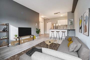 Gatineau (Hull) condo for rent - A modern living room with a grey sofa and a wooden coffee table.
